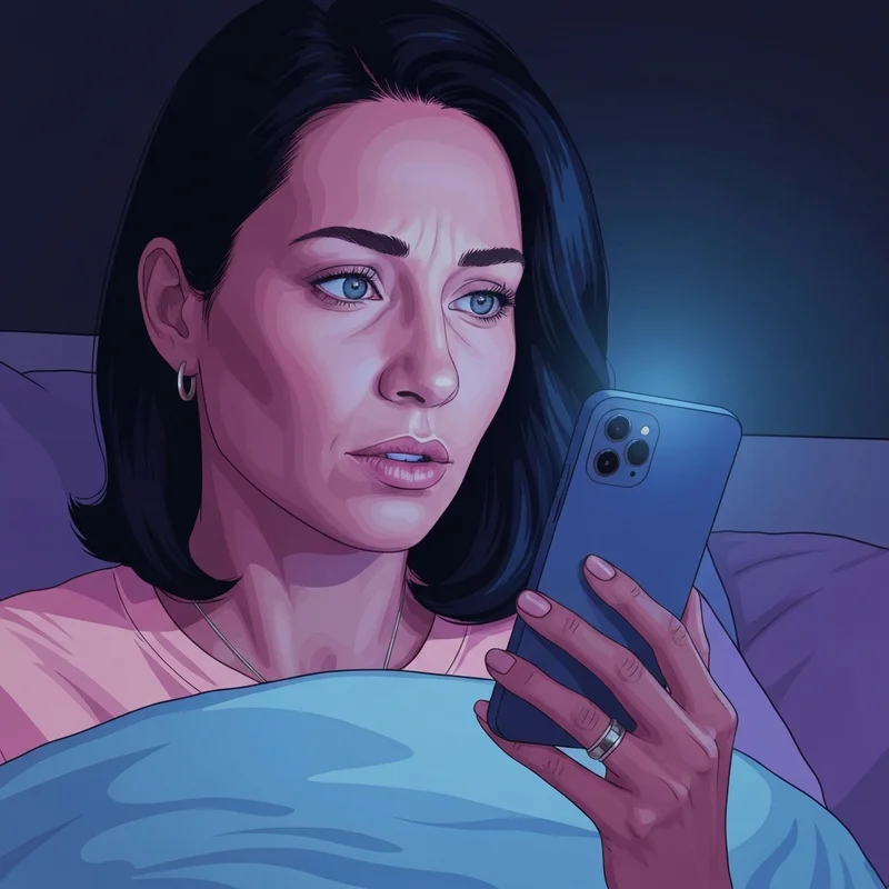 A young woman sitting in a dimly lit room, glowing phone screen reflecting in her thoughtful eyes, illustrating social media silent scroller traits.