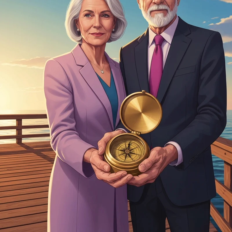 A serene senior couple standing on a dock at sunset, looking at a golden compass that symbolizes privatizing social security and retirement direction.