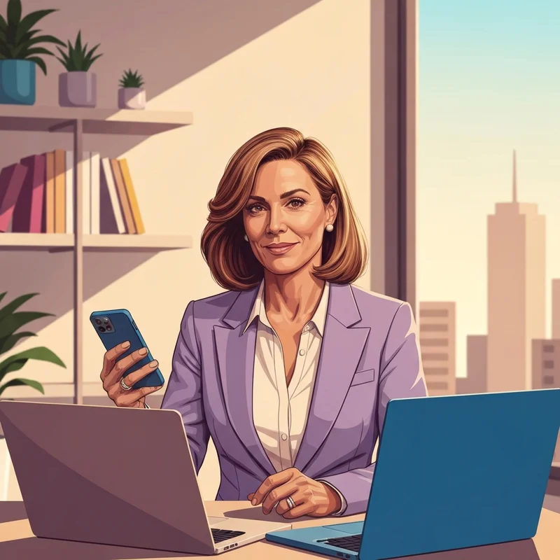 A sophisticated woman at 42 managing her digital identity on a laptop, representing lilian lee 42 yo on social media presence.