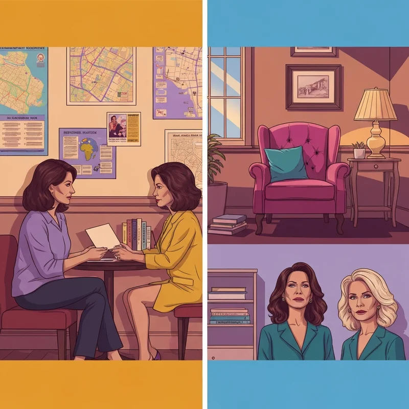 A split-screen visual representing the choice between social worker vs therapist, showing a community advocate on one side and a clinical therapist on the other.