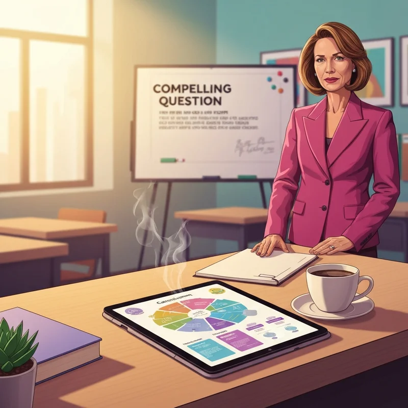 A professional and modern workspace of a teacher featuring a tablet displaying nys social studies standards next to a coffee cup and a tidy stack of student papers.