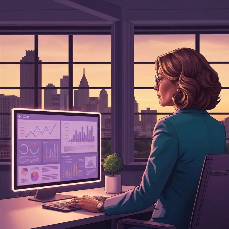 A professional woman in her early 30s looking at a digital marketing dashboard in a high-rise office overlooking the Atlanta skyline, focusing on social media manager positions.