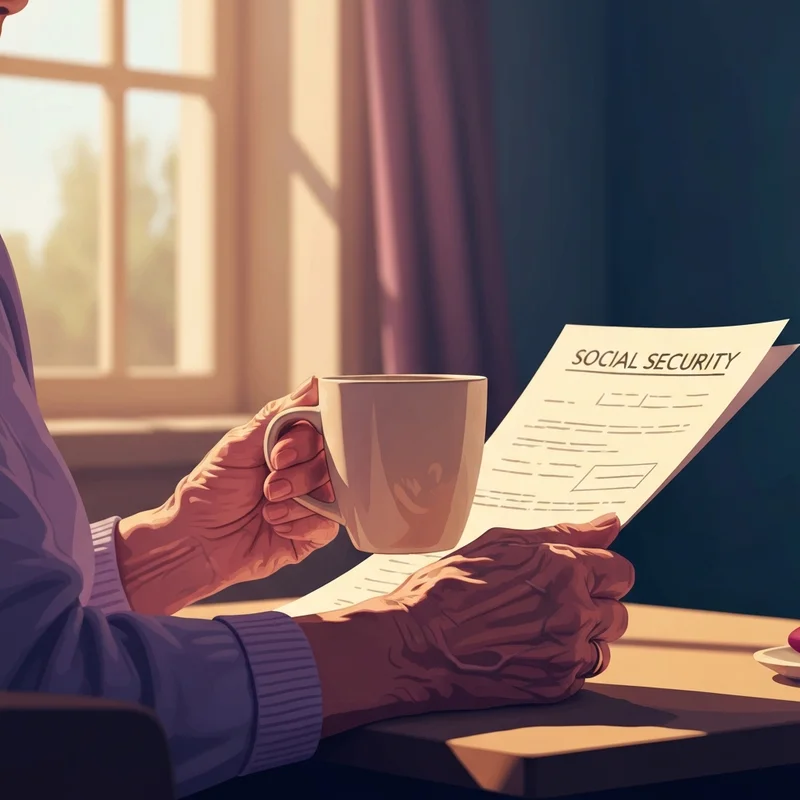 A close-up of an elderly person's hands holding a cup of tea while looking at a social security statement, symbolizing lutnick social security concerns.