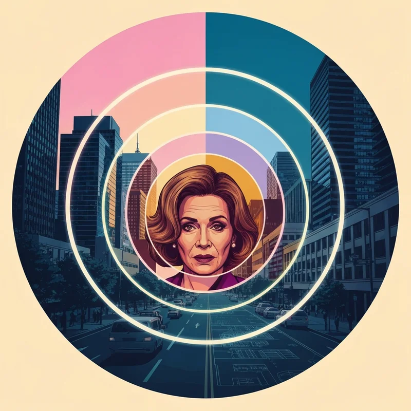 A visual representation of urban life and social disorganization theory showing glowing concentric circles over a busy city.