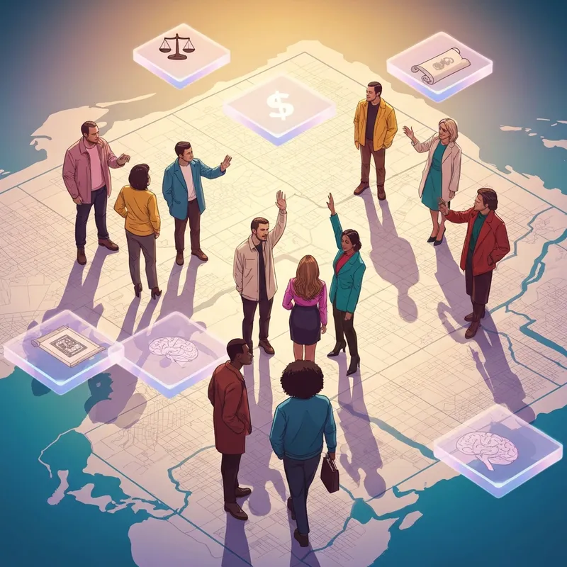 A group of young adults looking at a holographic map of the world to help them social studies define their role in society.