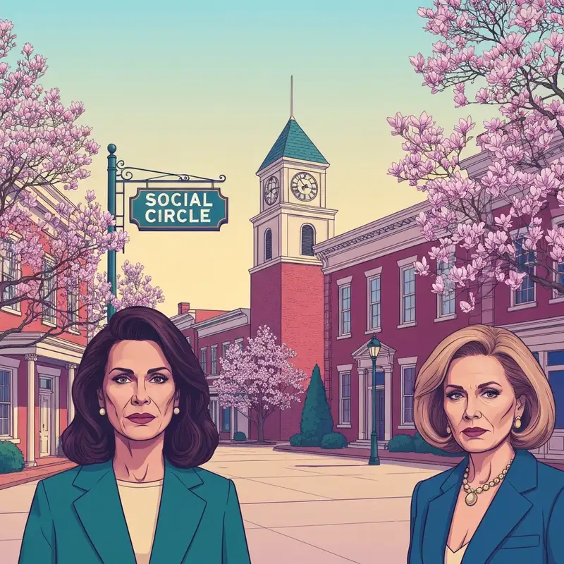 A scenic view of the historic downtown district in Social Circle USA, featuring Victorian-style architecture and a welcoming small-town atmosphere.