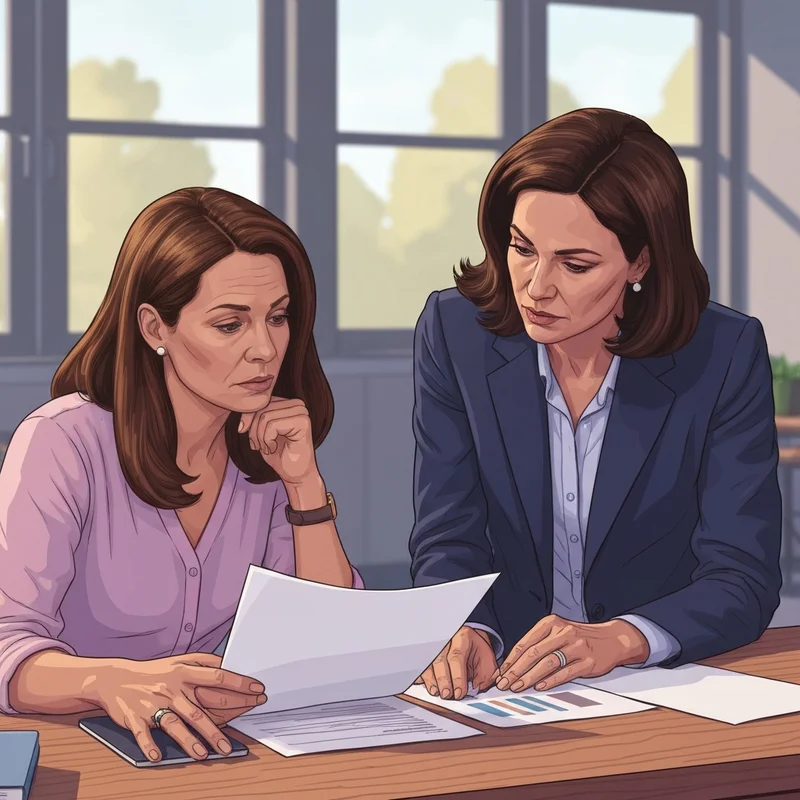 A concerned parent and teacher discussing social-emotional learning policy changes in us over a desk with school documents.