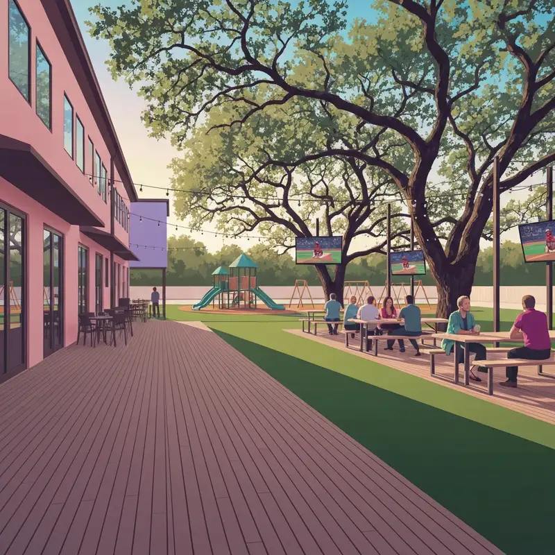 The expansive outdoor patio and sports viewing area at woodland social in Houston Heights.