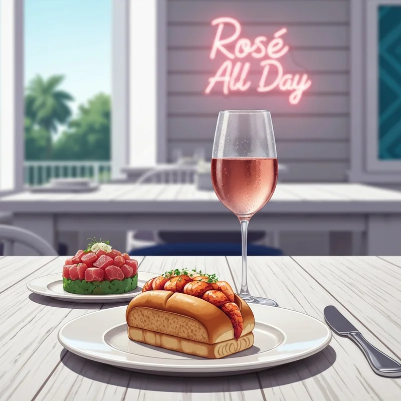 A stylish tabletop setting featuring items from the Hampton Social menu, including a chilled lobster roll, a glass of pink rosé, and a coastal-themed appetizer, set against a bright nautical background.