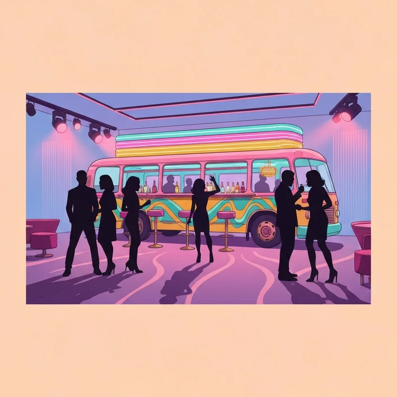 The vibrant neon-lit interior of Clematis Social in West Palm Beach featuring the iconic psychedelic bus cocktail lounge and a high-energy dance floor.