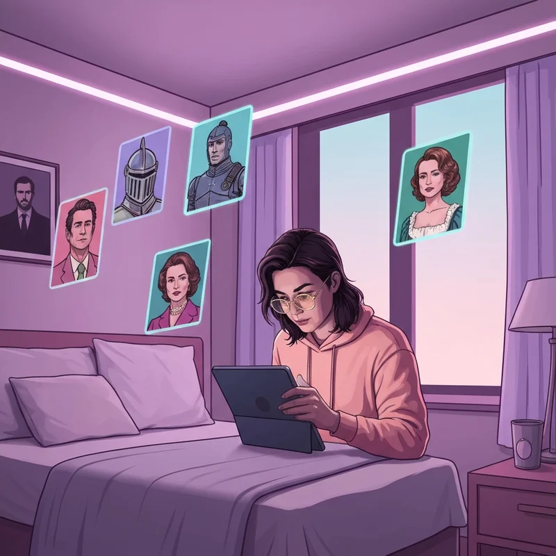 A young digital nomad sitting in a neon-lit room engaging with a talkie free game on their laptop, showing colorful AI character cards.