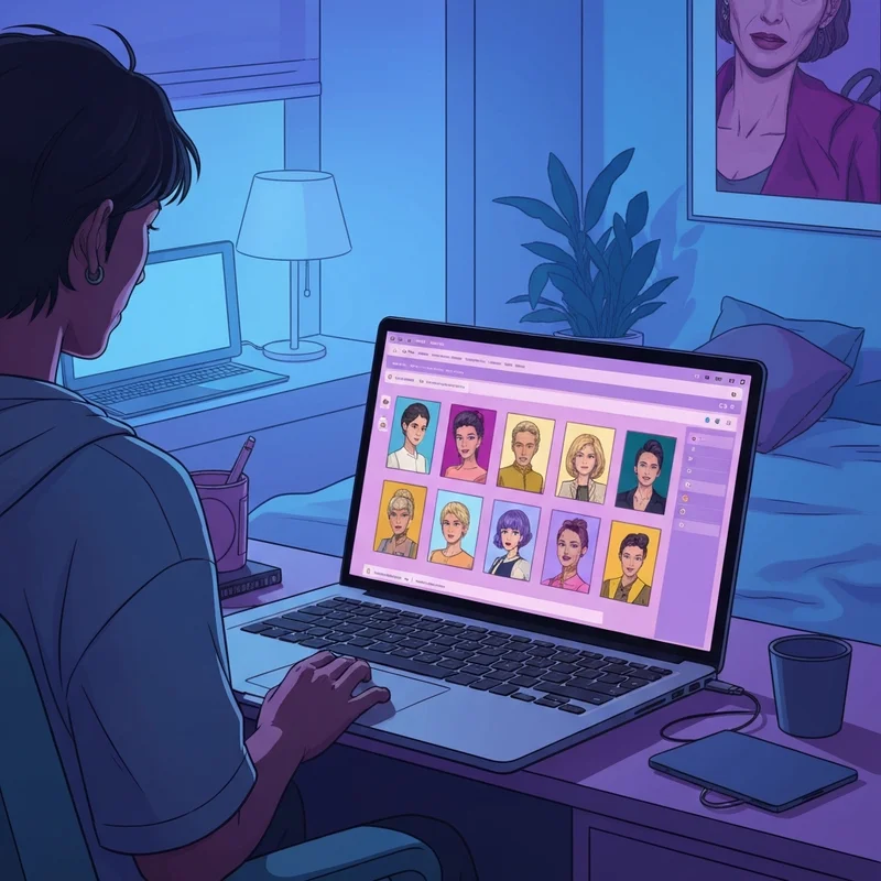 A young adult in a neon-lit room interacting with a glowing holographic talkie online game interface featuring diverse character cards.