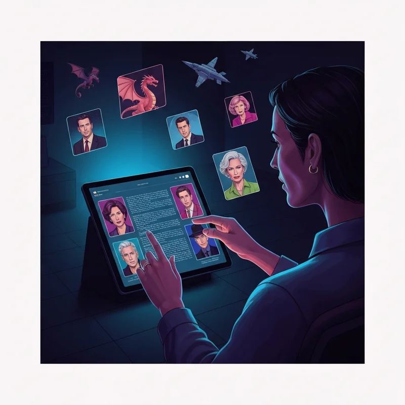 A young person engaged in immersive ai chat games on a sleek glowing device, surrounded by holographic fantasy and sci-fi story elements.