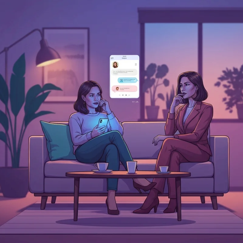 A woman in her 30s in a comfortable living room using ai for therapy on her glowing smartphone to manage stress.