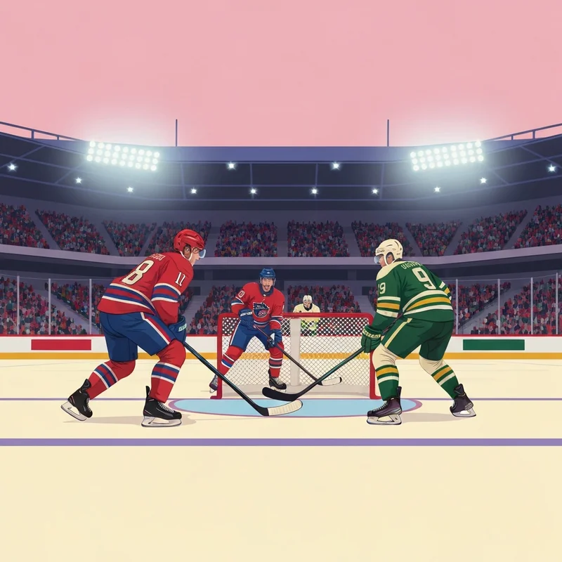 A high-intensity hockey matchup featuring players in red and green jerseys during a Canadiens vs Wild game at a packed arena.