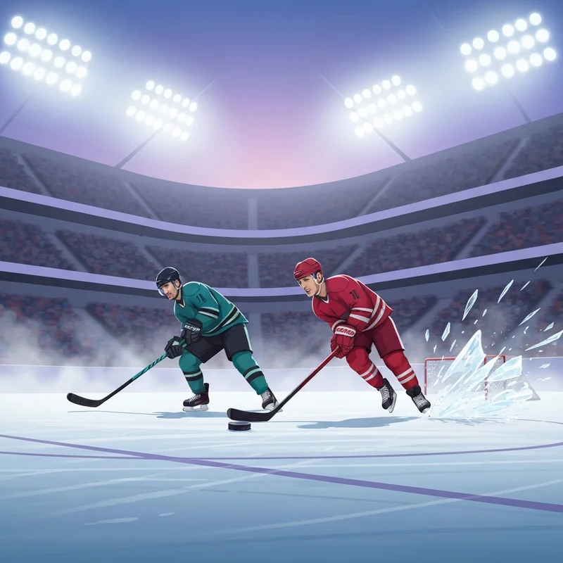 Cinematic wide shot of a professional hockey arena during a sharks vs blackhawks game with vibrant jersey colors and a blurred crowd.