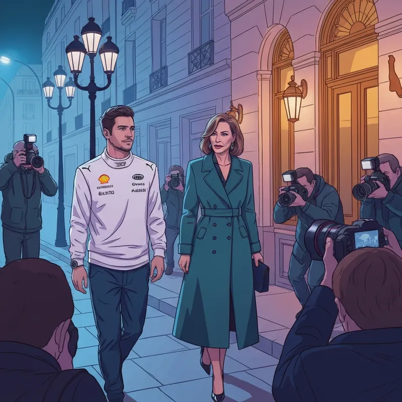 Lewis Hamilton and Kim Kardashian arriving at a luxury hotel in Paris with paparazzi flashes and a high-glamour atmosphere.