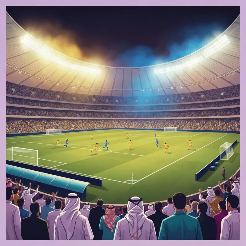 A cinematic view of a modern football stadium at night during an al-riyadh vs al-nassr match, showcasing high-intensity sports atmosphere.