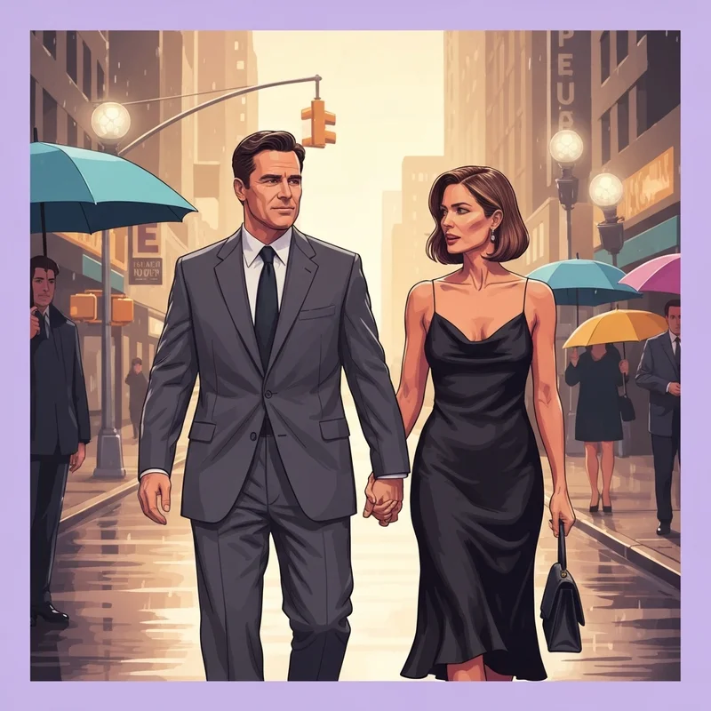 An iconic 1990s American power couple resembling jfk jr and Carolyn Bessette walking through a rainy New York City street, cinematic photography, grainy 35mm film aesthetic.