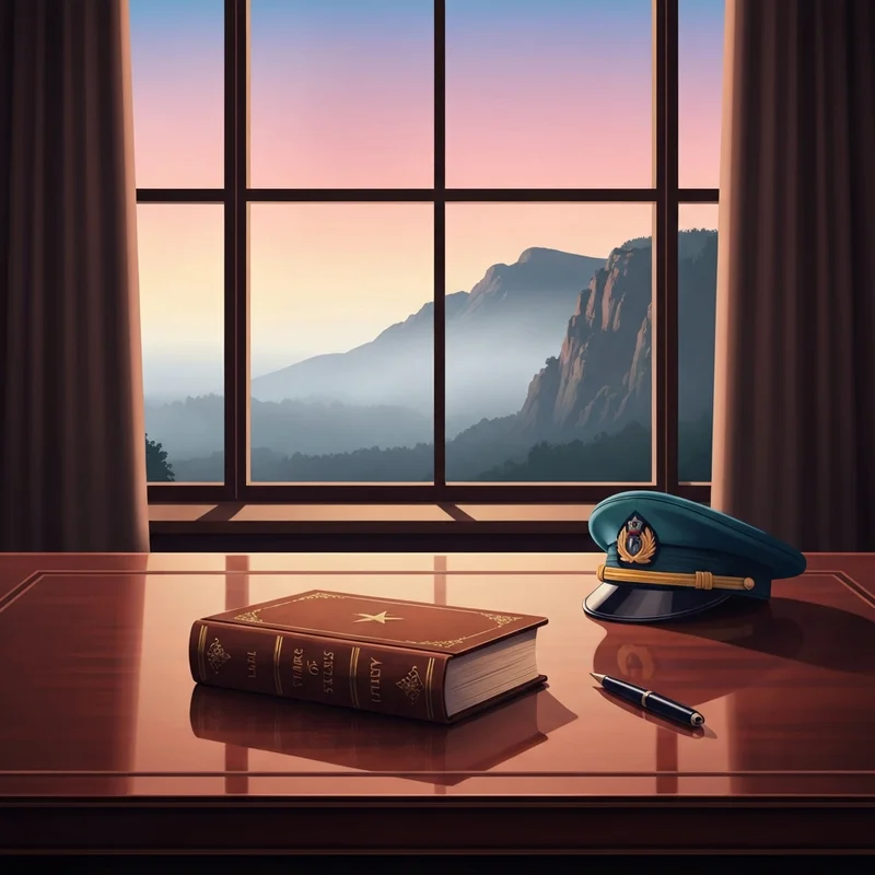 A cinematic, high-detail cover for the army chief naravane memoir, featuring a silhouette of a high-ranking military officer in a formal uniform looking out over a misty mountain range representing the Himalayas, with a book and a pen resting on a dark wooden desk in the foreground.