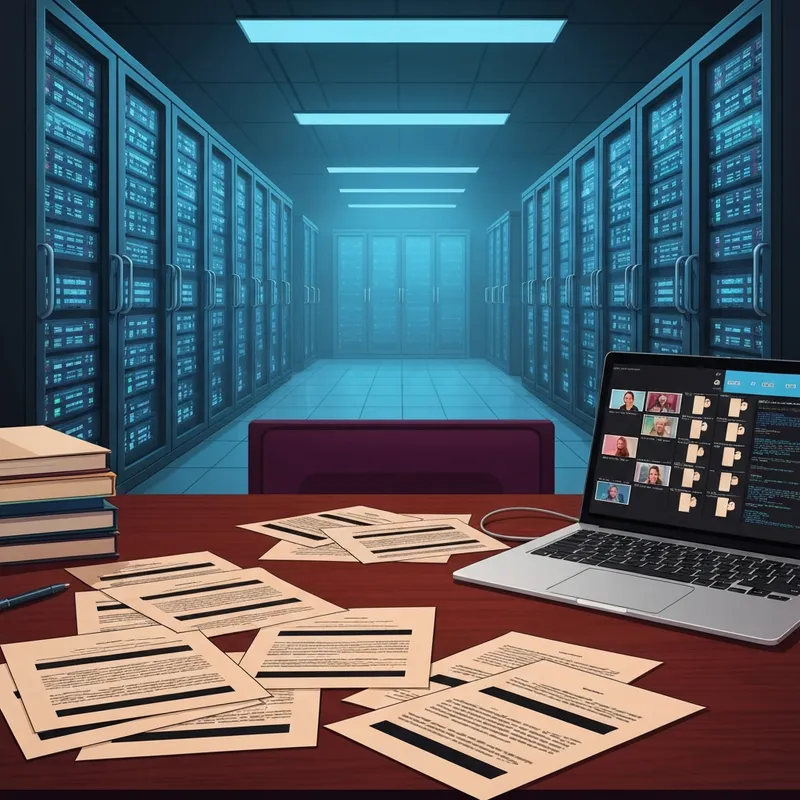A high-tech digital archive room featuring stacks of legal dossiers and glowing blue monitors displaying the epstein files videos data matrix.