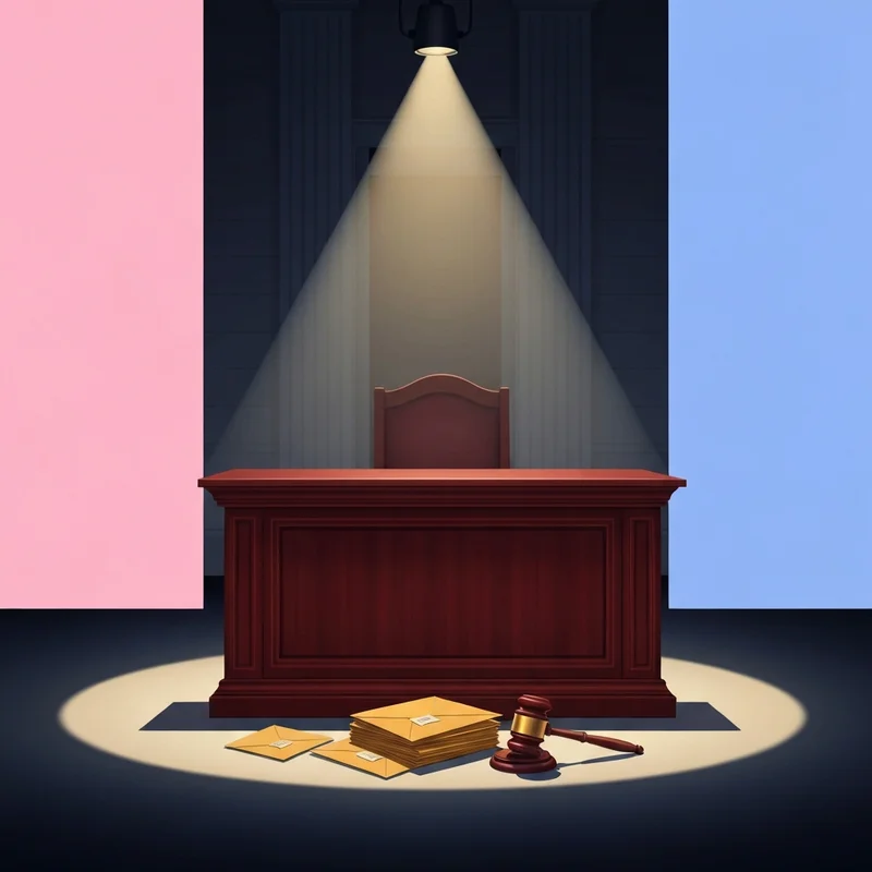 A cinematic, conceptual representation of the bill clinton epstein testimony featuring a formal mahogany witness stand under a bright spotlight in a vast, dark hall of justice.