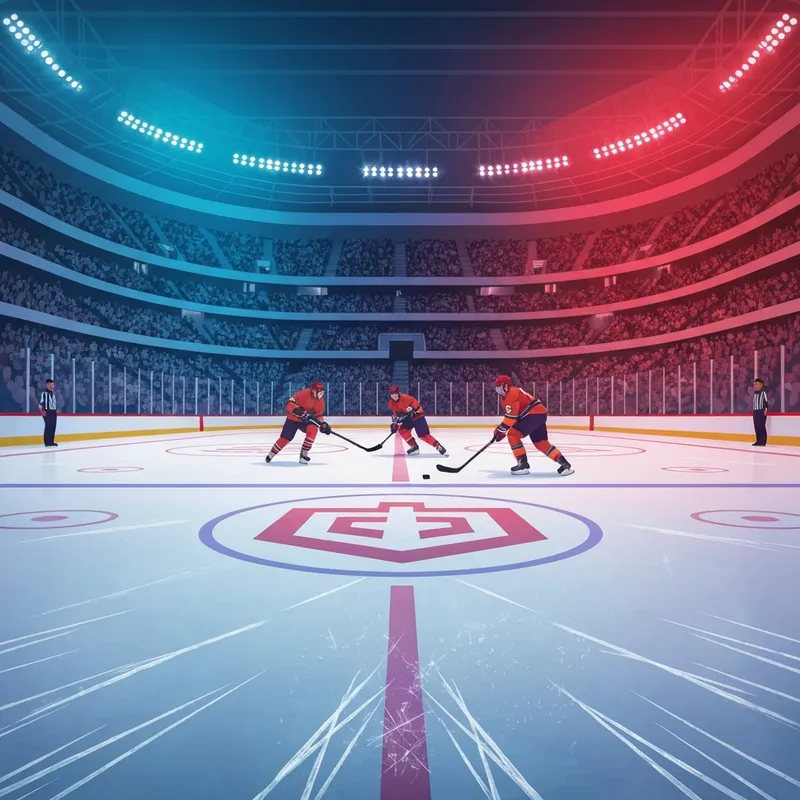 Cinematic wide-angle shot of a hockey arena during a red wings vs avalanche game with intense lighting.