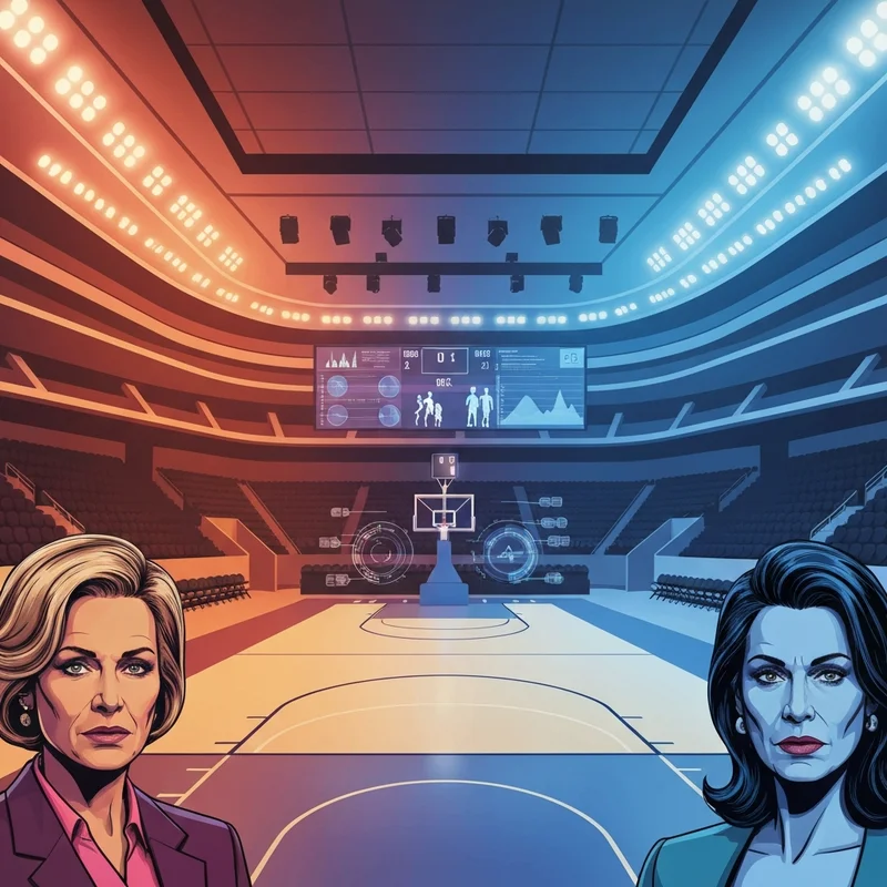 A high-energy college basketball arena split between orange and light blue aesthetics, showing tactical basketball stats and a glowing scoreboard for syracuse vs unc.