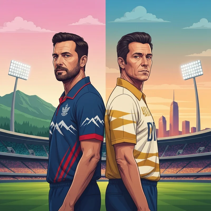 Cinematic visual representation of nep vs uae cricket rivalry featuring a mountain-themed jersey and a desert-themed jersey.