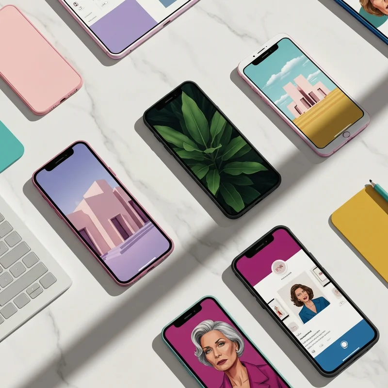 A collection of high-resolution social media images displayed on various smartphone screens, showcasing modern aesthetic trends and professional branding.