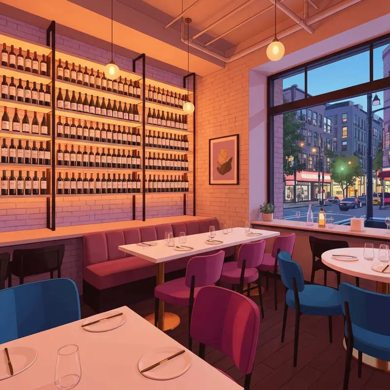 A cozy and modern interior of the fishtown social wine bar featuring racks of natural wine bottles and warm lighting.