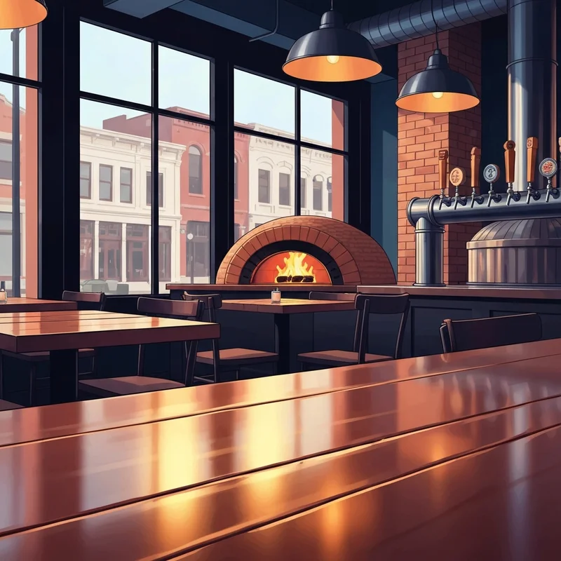 A vibrant wood-fired oven glowing in a modern artisanal pizza restaurant in historic downtown Belmont, North Carolina, capturing the Stone Fired Social atmosphere.
