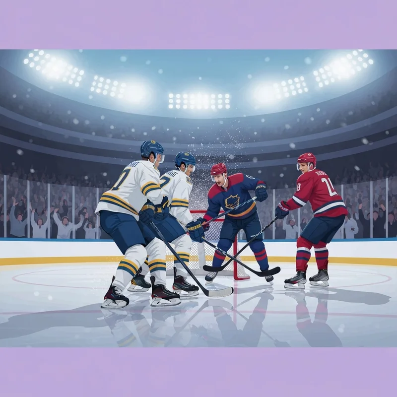 Cinematic hockey arena atmosphere with blue and gold versus red and navy jerseys in a high-speed matchup for Sabres vs Panthers.