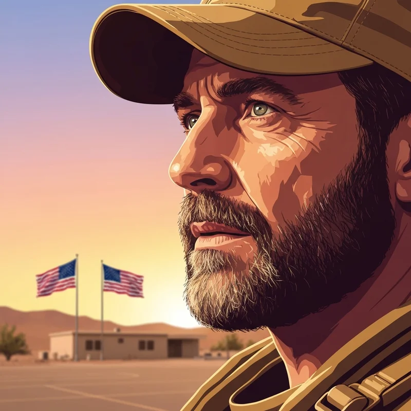 Portrait of Chris Kyle in tactical gear with the American Sniper legacy theme