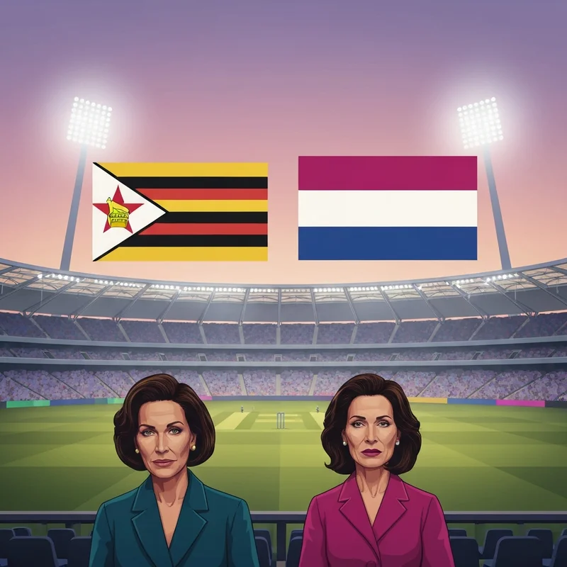 Cinematic wide shot of a cricket stadium during a high-stakes Zimbabwe vs Netherlands match, flags waving, dramatic lighting.