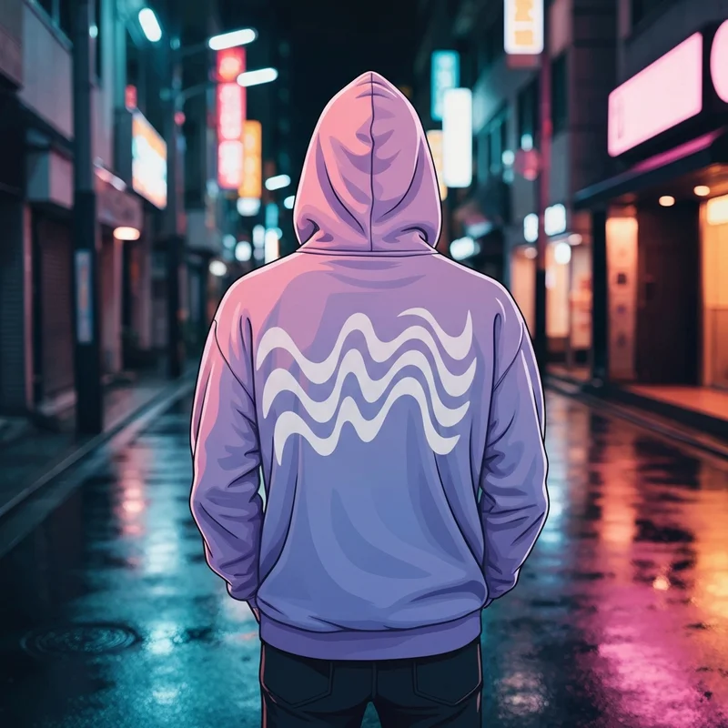 A moody, cinematic shot of a person wearing an authentic black anti social social club hoodie with the hood up, standing in a dimly lit urban alleyway at night.