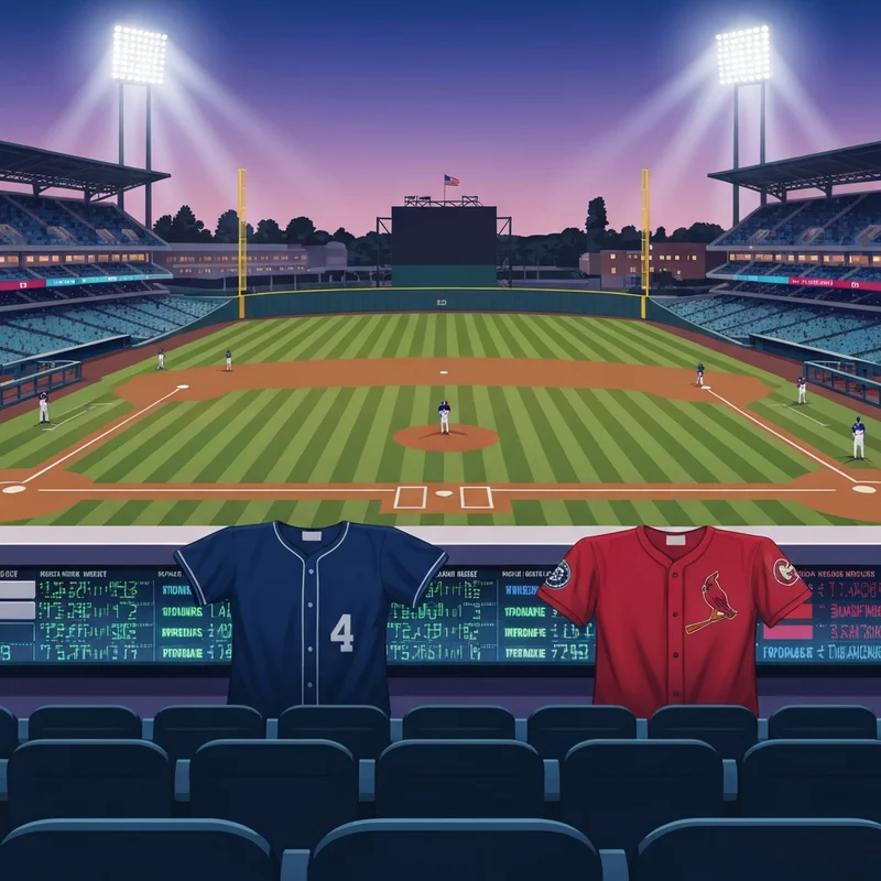 A cinematic high-angle shot of a baseball diamond at dusk during a Brendan Donovan trade announcement.