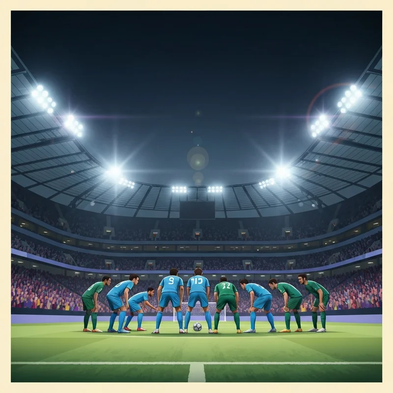 A cinematic wide shot of the Kingdom Arena during the al-hilal vs al-ahli saudi match, showing the intense tactical formation of blue and green jerseys under stadium lights.