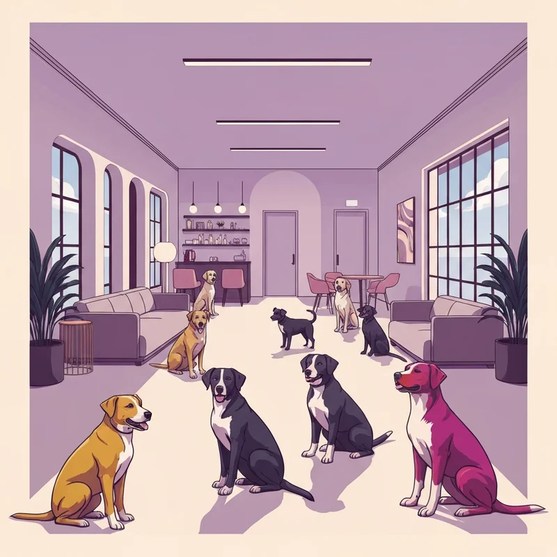A luxury canine social club interior featuring a modern dog lounge with plush beds, enrichment toys, and a clean pet spa area.