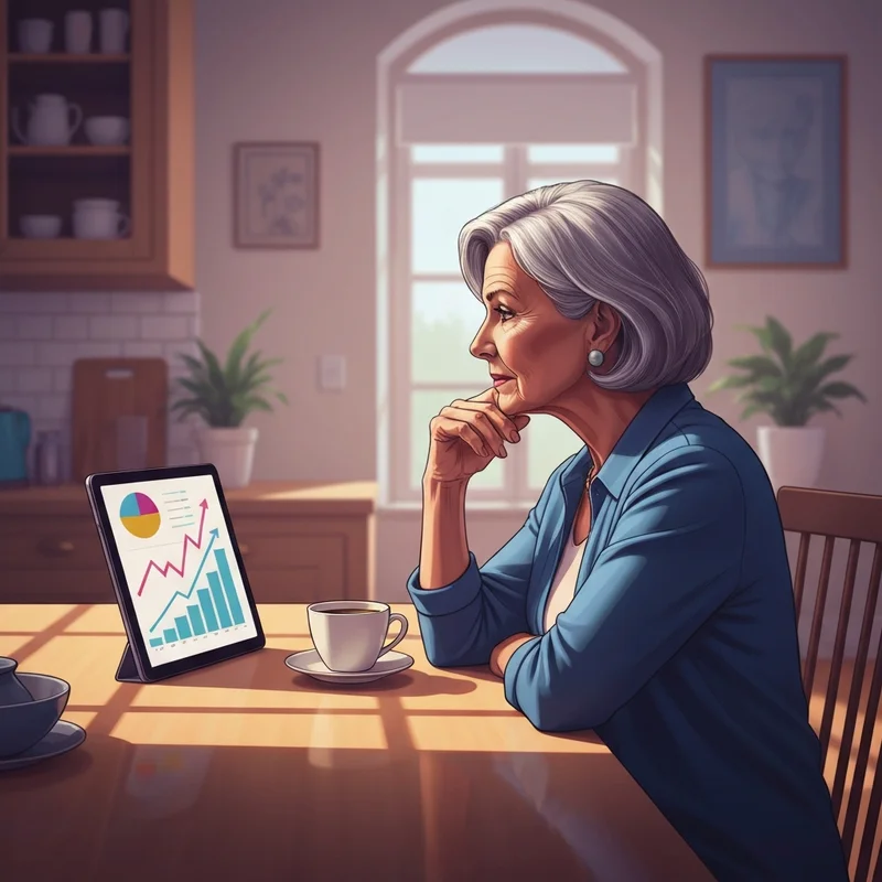 A retired woman looking at financial graphs on a digital tablet, analyzing how president trump's tariffs may increase social security's 2026 cola.
