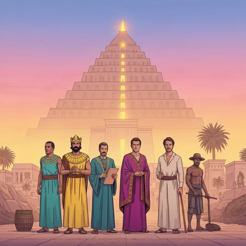 A detailed 3D visualization of the ancient Mesopotamia social structure showing a Ziggurat with different classes of people arranged on its levels.