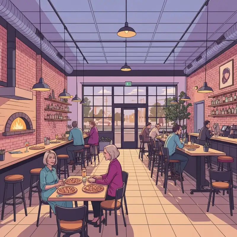 The vibrant interior of Village Social Rye on Purchase Street, featuring industrial-chic decor and a wood-fired pizza oven.