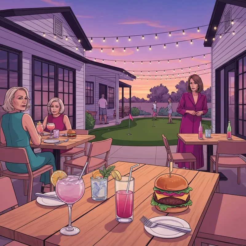 The vibrant outdoor patio of Social Birdie in Queen Creek featuring modern furniture and views of the golf course at sunset.