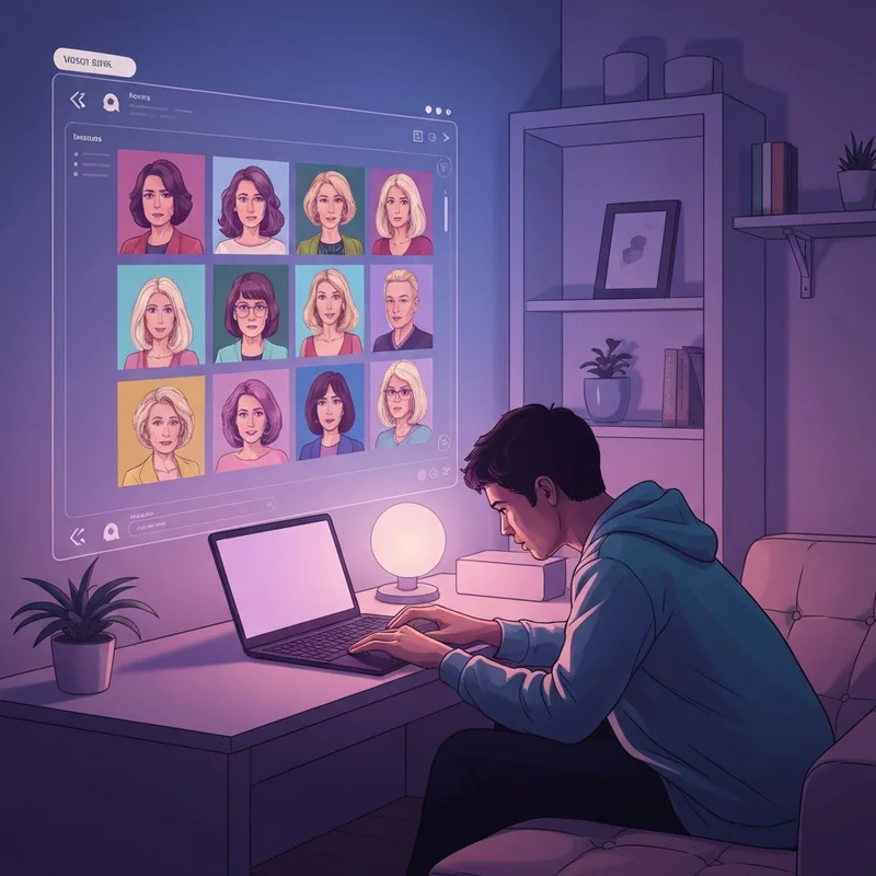 Una persona joven interactuando de forma relajada con una interfaz de chat luminosa donde aparecen avatares de personajes ai diversos en un entorno acogedor.