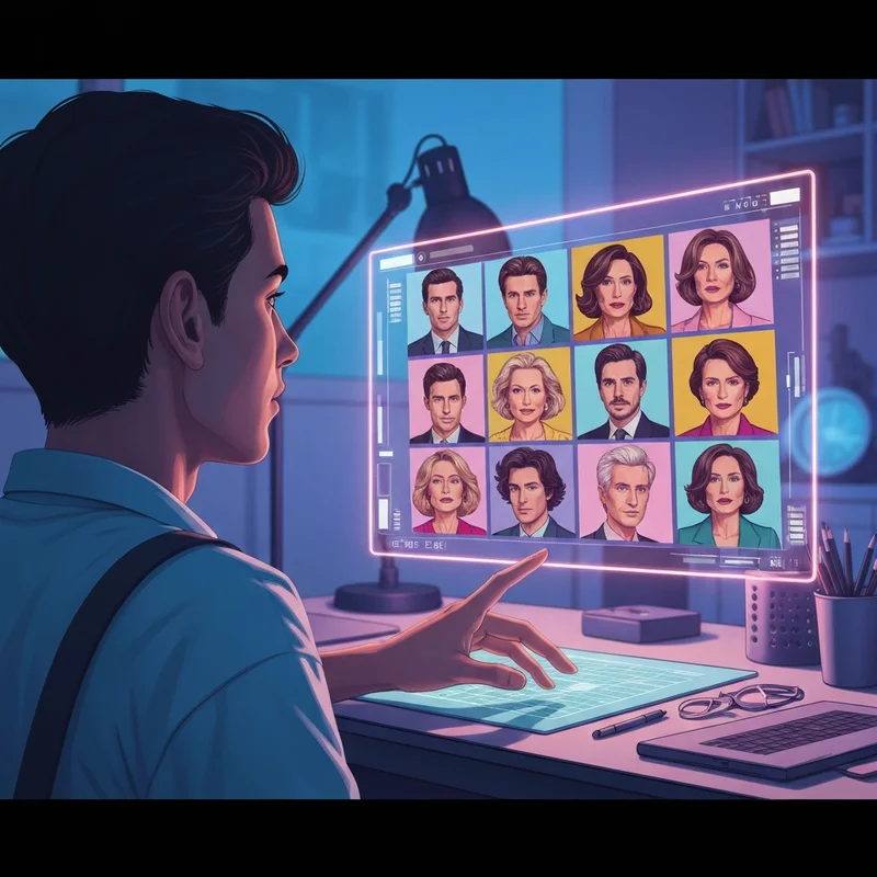 A cinematic high-quality visualization of a futuristic digital interface showing various AI roleplay characters and narrative branching paths, symbolizing the variety of ai rp sites.