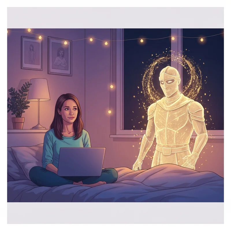 A young adult sitting in a cozy, dimly lit room looking at a glowing laptop screen with a magical digital character appearing in the sparks of the display, representing good ai websites for roleplay.