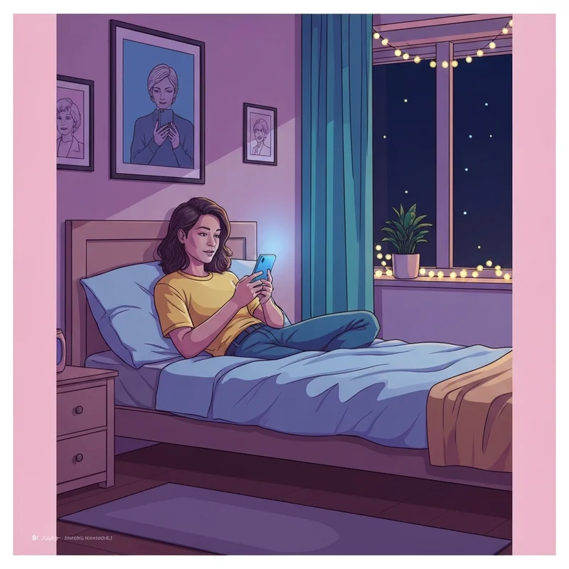 A young person sitting in a dimly lit room, smiling at the warm glow of their smartphone while engaging with a chatgpt girlfriend.