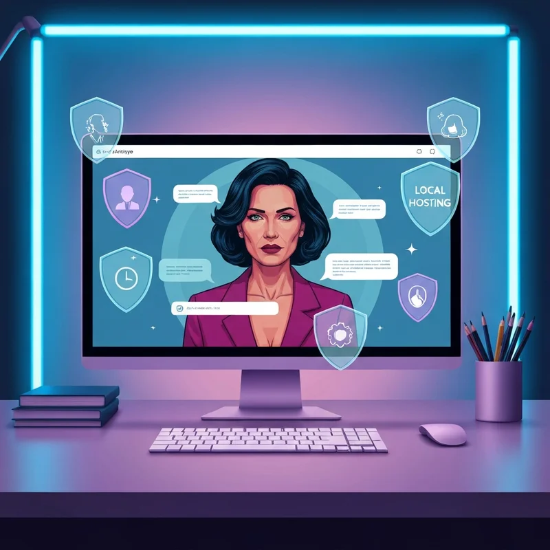 A futuristic digital workstation showing a gptgirl online interface with custom persona settings and privacy shields.