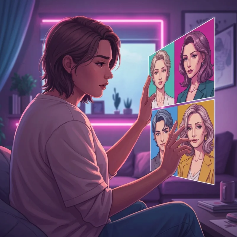 Una joven disfrutando de una experiencia inmersiva mientras habla con personajes de anime a través de una aplicación de inteligencia artificial en un ambiente acogedor.