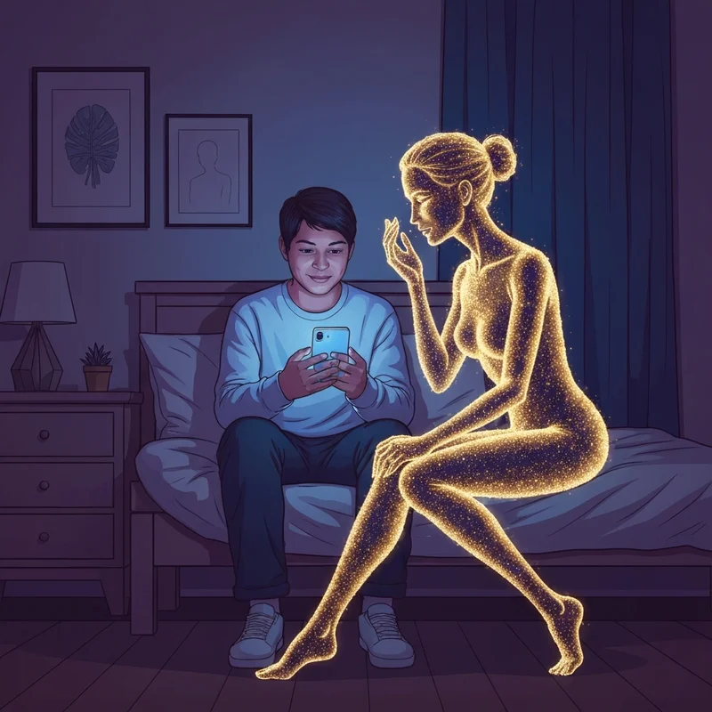 A serene digital landscape showing a glowing human-like silhouette interacting with a shimmering AI data stream, representing the intimate connection of girlfriend gbt.